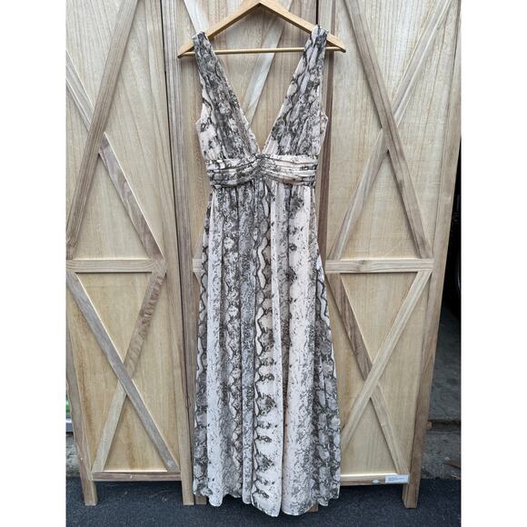new H&M tan brown black snake print long chiffon deep v sleeveless maxi dress - Picture 3 of 10